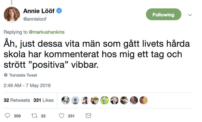 Tweeten som Annie Lööf skickade Tweeten som Annie Lööf skickade